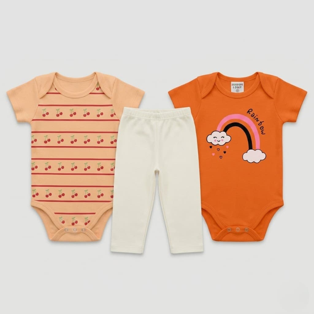 Kit Bebê 3 Peças 2 Bodys Manga Curta 1 Calça Menina Algodão Estampado Enxoval Qualidade Confortável Infantil