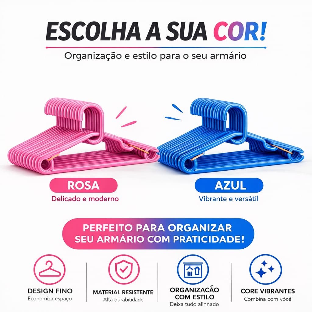 Cabides Infantil Kit 50 Unidades Sortidos Azul Rosa e Branco Roupas Para Criança