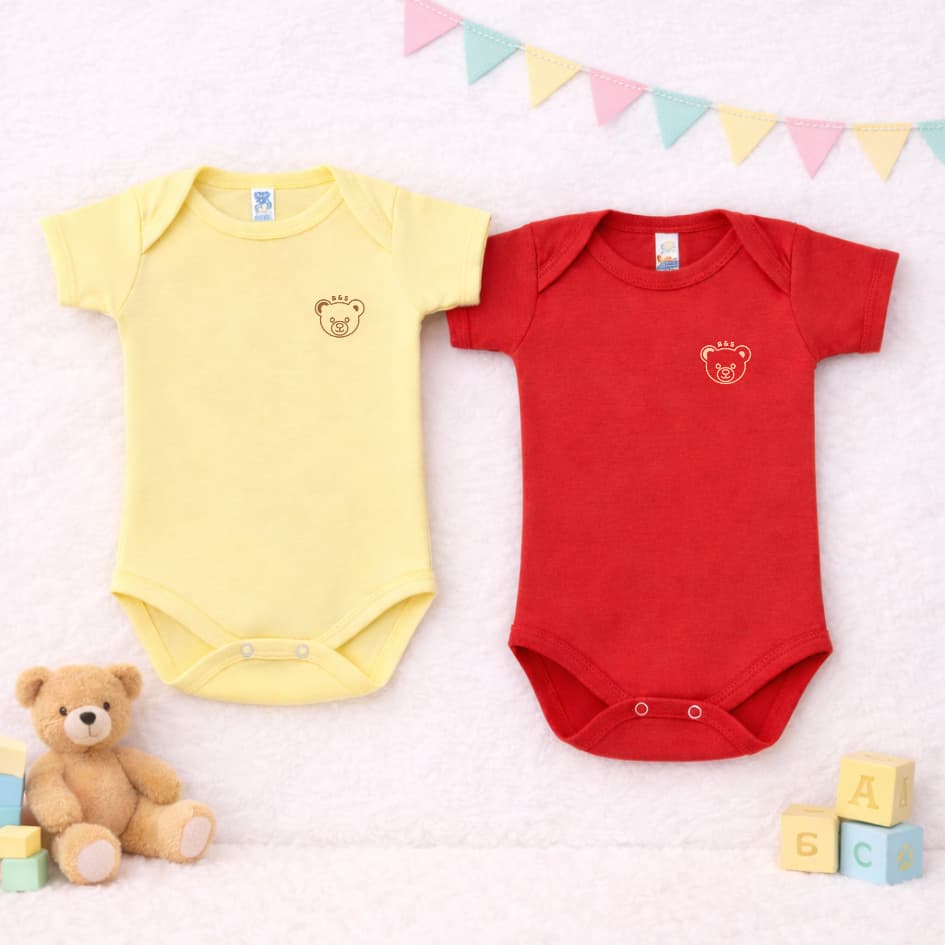 Kit 2 Body Infantil Unissex Manga Curta Ursinho Cores 100% Algodão Variadas