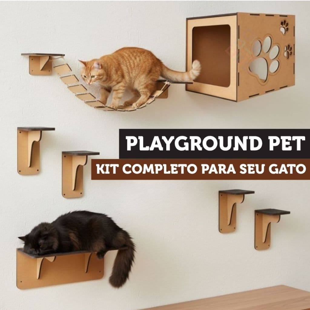 Playground De Parede Nicho Para Gato MDF Kit 7 Peças Incluso Prateleira Ponte Degraus Para Escalada