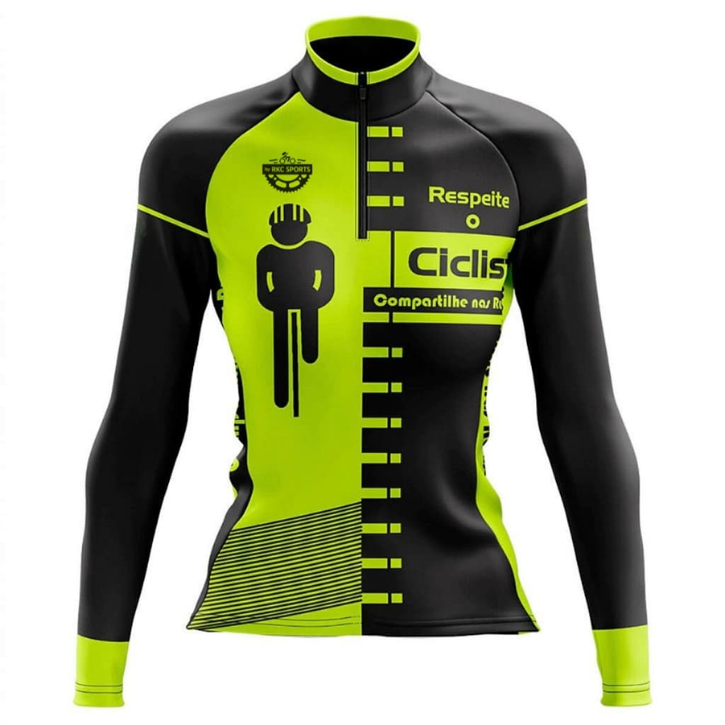 CAMISA CICLISMO FEMININA MOUNTAIN BIKE MANGA LONGA PROTEÇÃO UV RKC SPORTS RESPEITE O CICLISTA FLÚOR