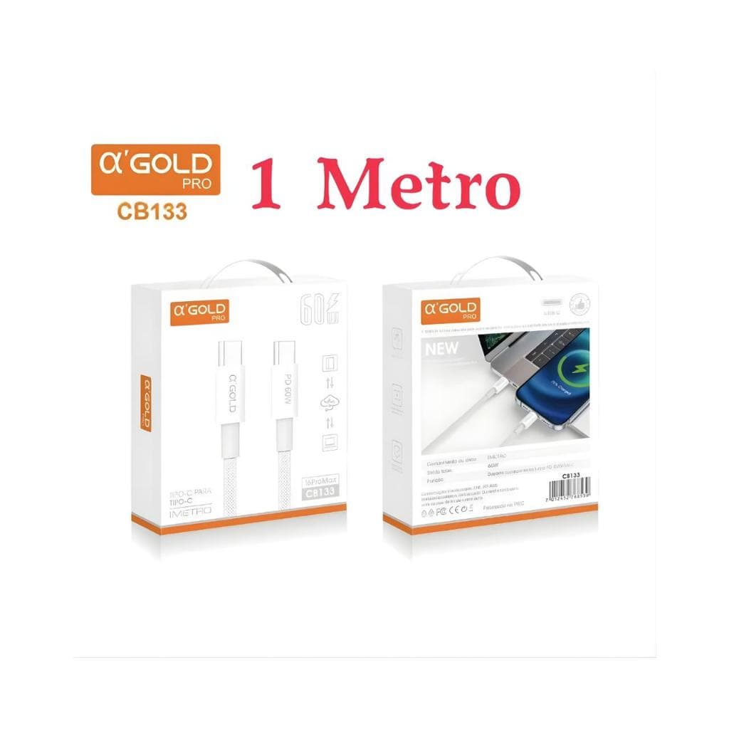 Cabo Tipo-C para Tipo-C A’Gold Pro 60W – Carregamento Rápido PD 1 Metro