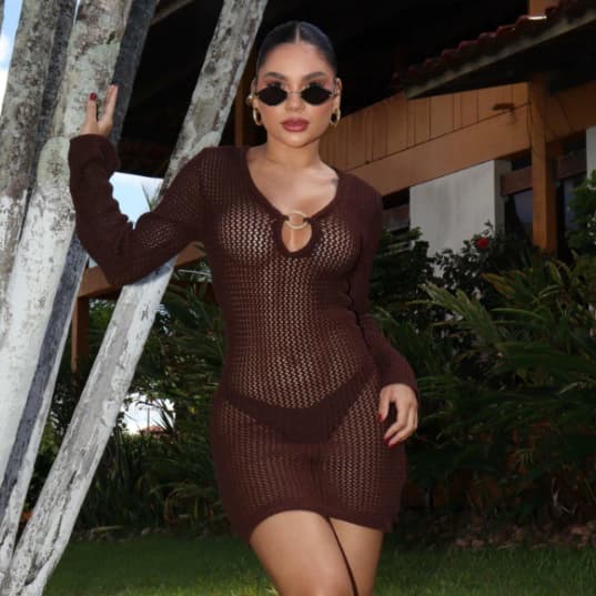 Vestido Tricô Curto Manga Longa justo Vazado Leve Transparência Elegante Feminino midi inverno