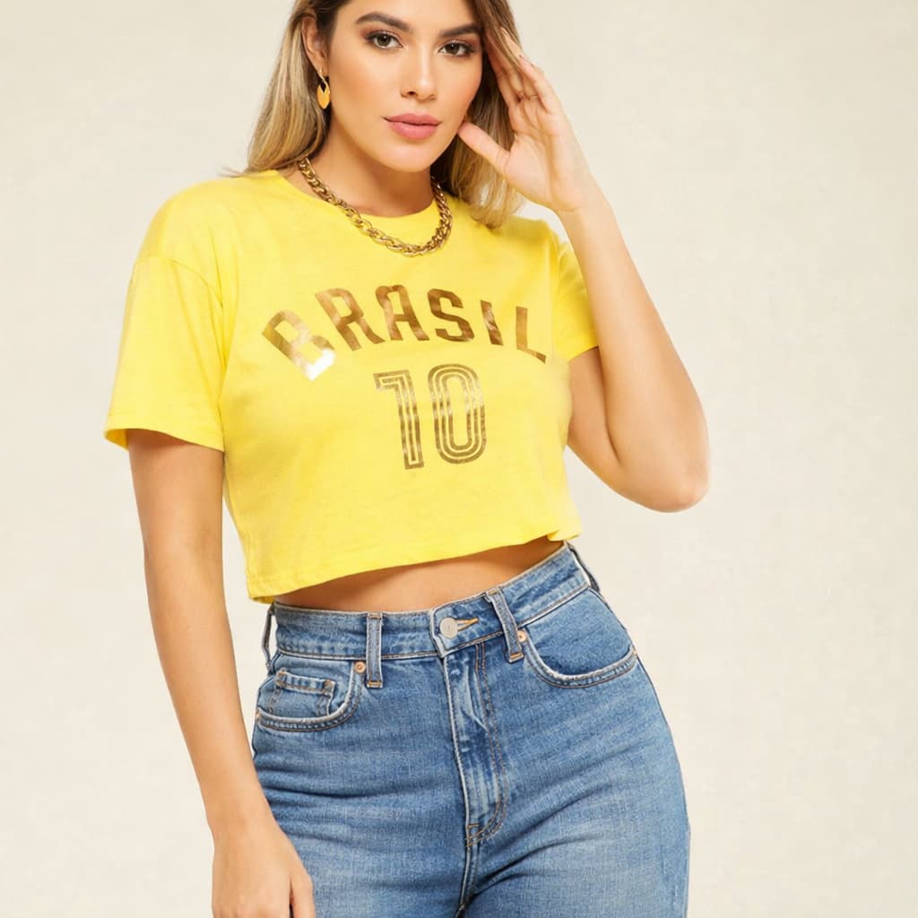 Cropped Oversized Brasil 10 Feminino Torcida Copa Camiseta Viscolycra Premium