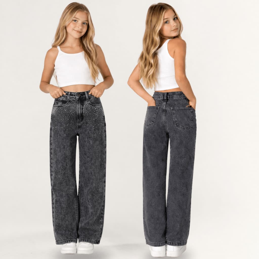 Calça Jeans Com Strass Feminina Wide Leg Pantalona Marmorizada Preta Infantil 100% Algodão Juvenil