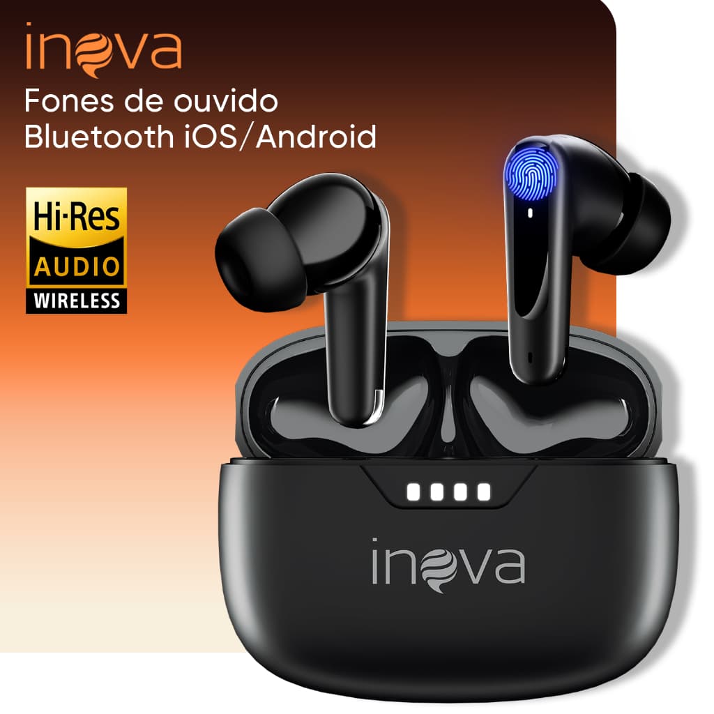 INOVA Fone de Ouvido Bluetooth Intra-Auriculares Microfone Hi-Res Case de Carga Alta Qualidade Confortável  iOS/Android