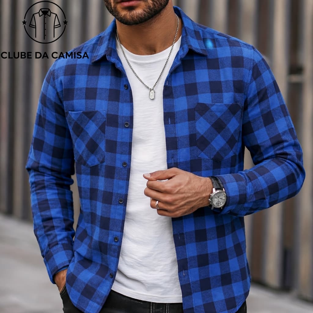 Camisa masculina casual xadrez de manga comprida