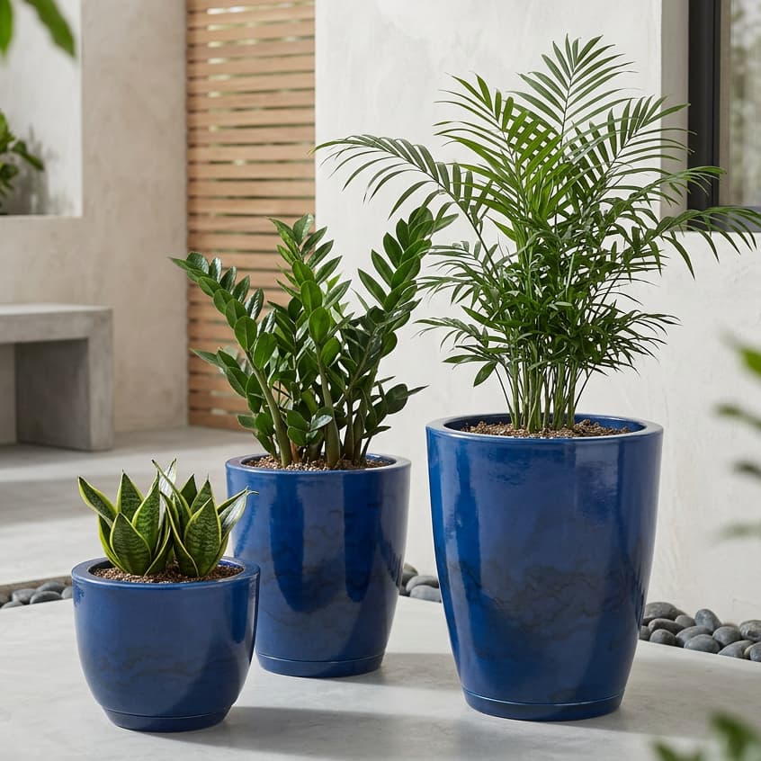 Kit 3 Vasos para Planta Polietileno Coluna Bojo Marmorizado 1,2 com Prato Coletor Jardim Casa Decora