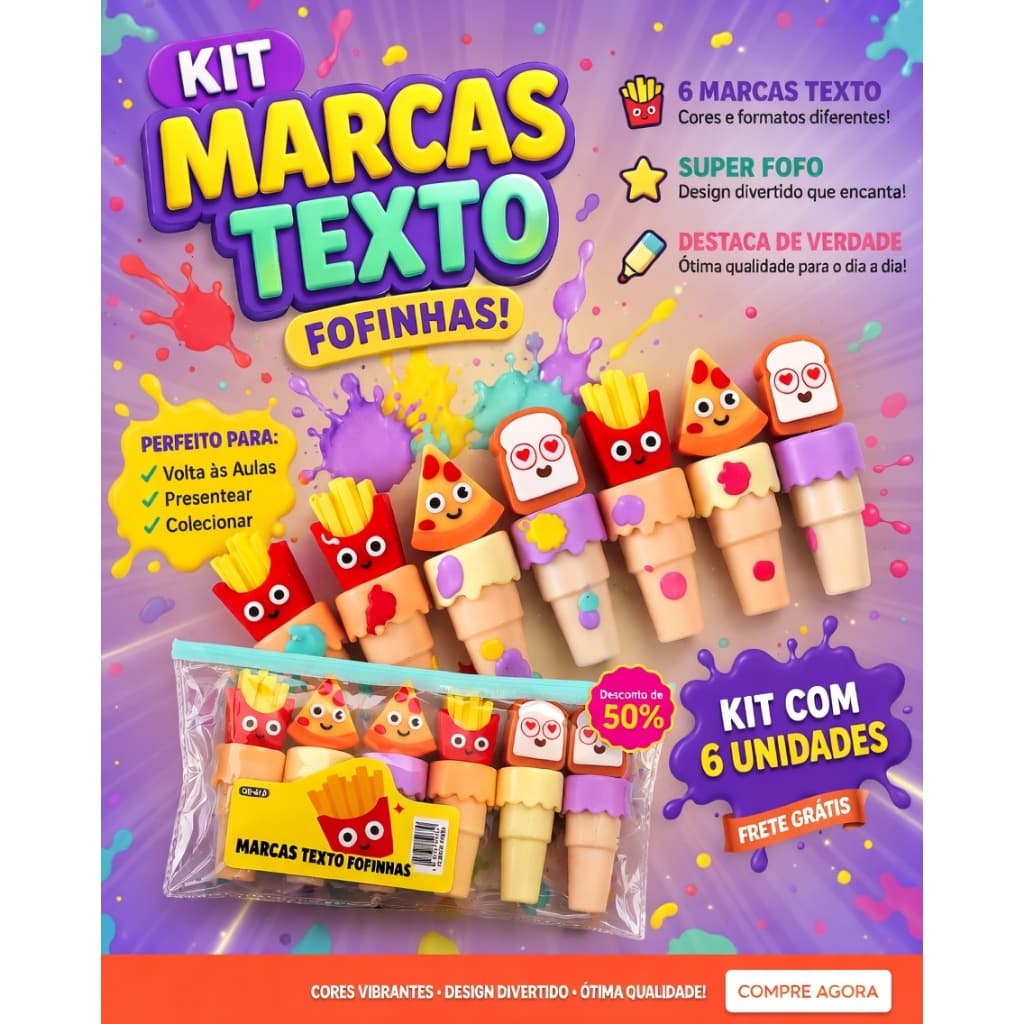 Marca Texto Fofo Kawaii Kit 6 Unidades Marcador Colorido Material Escolar Estudo