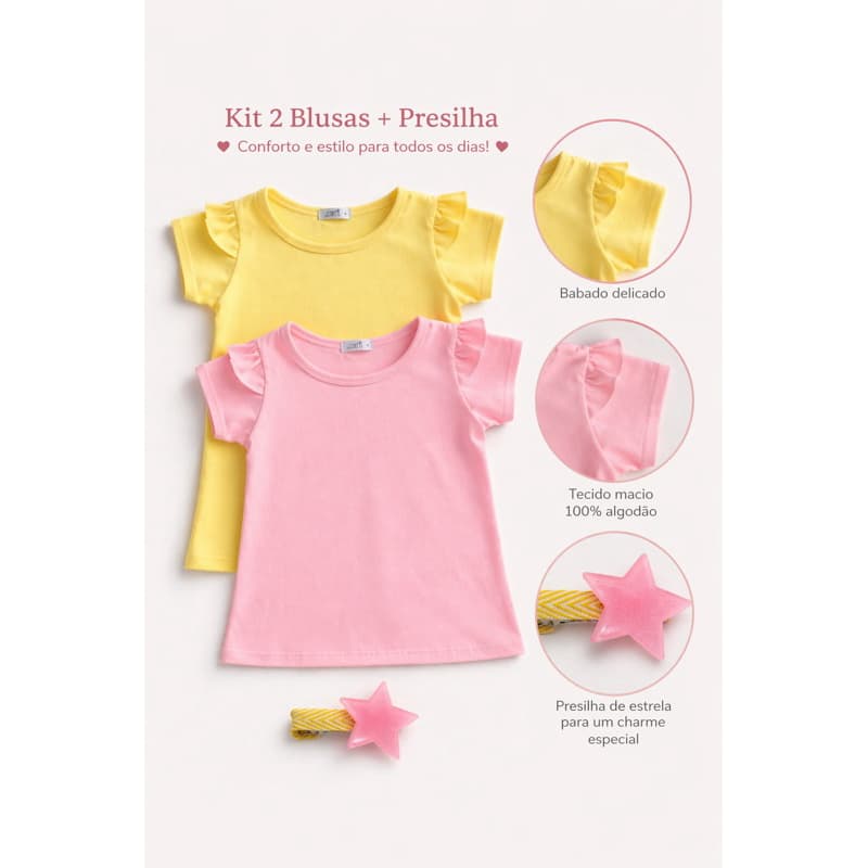 kit 2 blusa manga curta com detalhe babado infantil menina + presilha bico de pato infantil menina