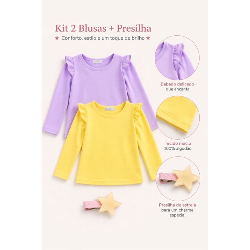 kit 2 blusa manga longa infantil menina com detalhe de babado + presilha bico de pato brinde