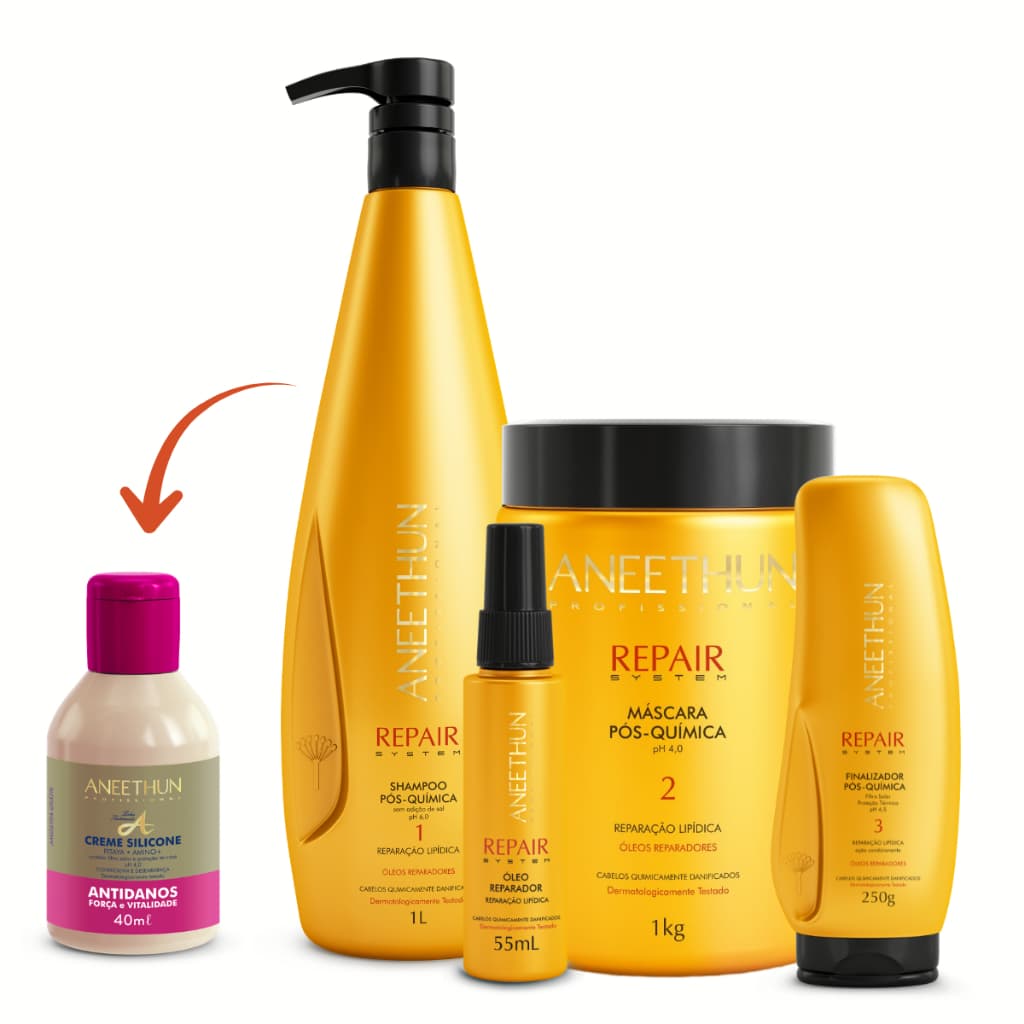 Kit Aneethun Repair Tratamento Pós Química Shampoo Máscara Finalizador ÓLeo Reparador de Pontas Hidratação + Brinde