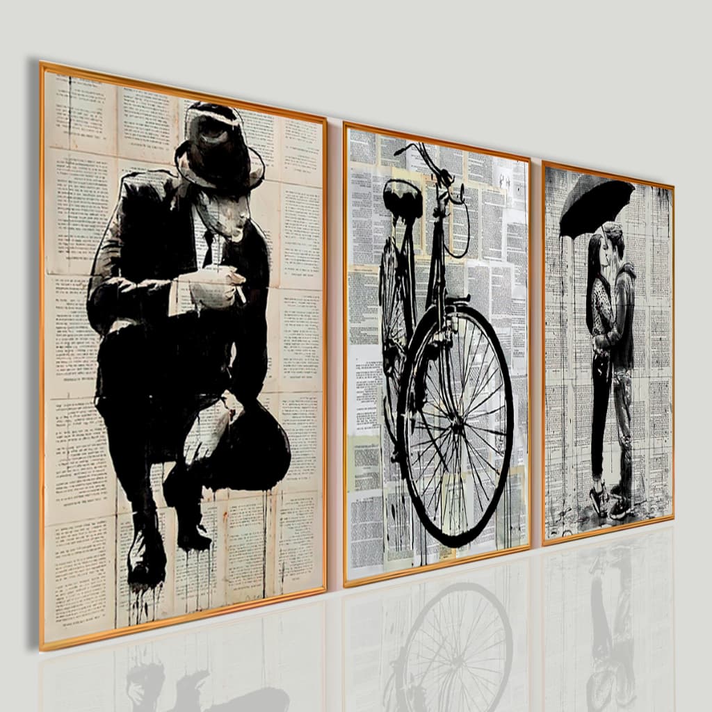 Kit Quadros Decorativos Estilo Jornal Antigo - Arte Urbana P&B Minimalista Sala e Escritório