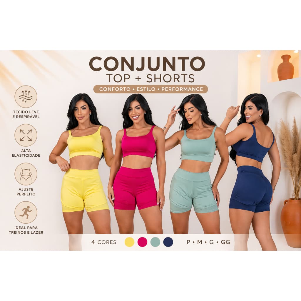 Conjunto Academia Feminino Short + Top | Não Fica Transparente, Alta Compressão, Modelador