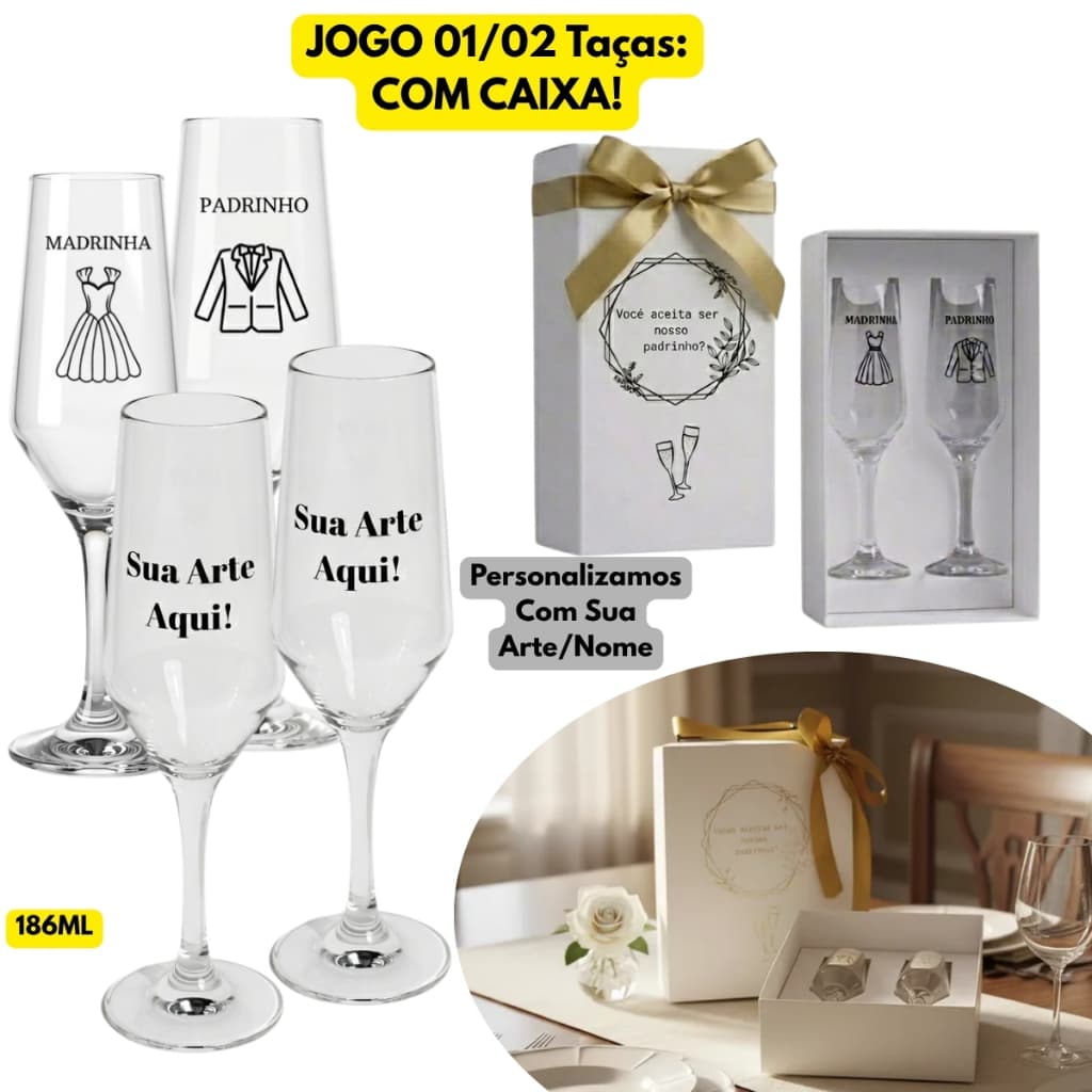 Kit 01/02 Taças Personalizadas Vidro Buffet 186ML C/ Caixa Decorada Casamento Champagne Padrinho