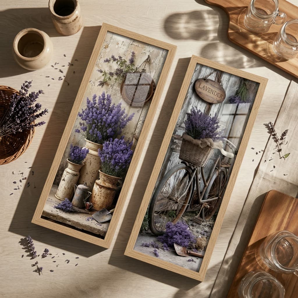 Kit 2 Quadros Decorativos Verticais 18x45 Lavanda Rústico Provença Flores Moldura Vidro Sala Quarto
