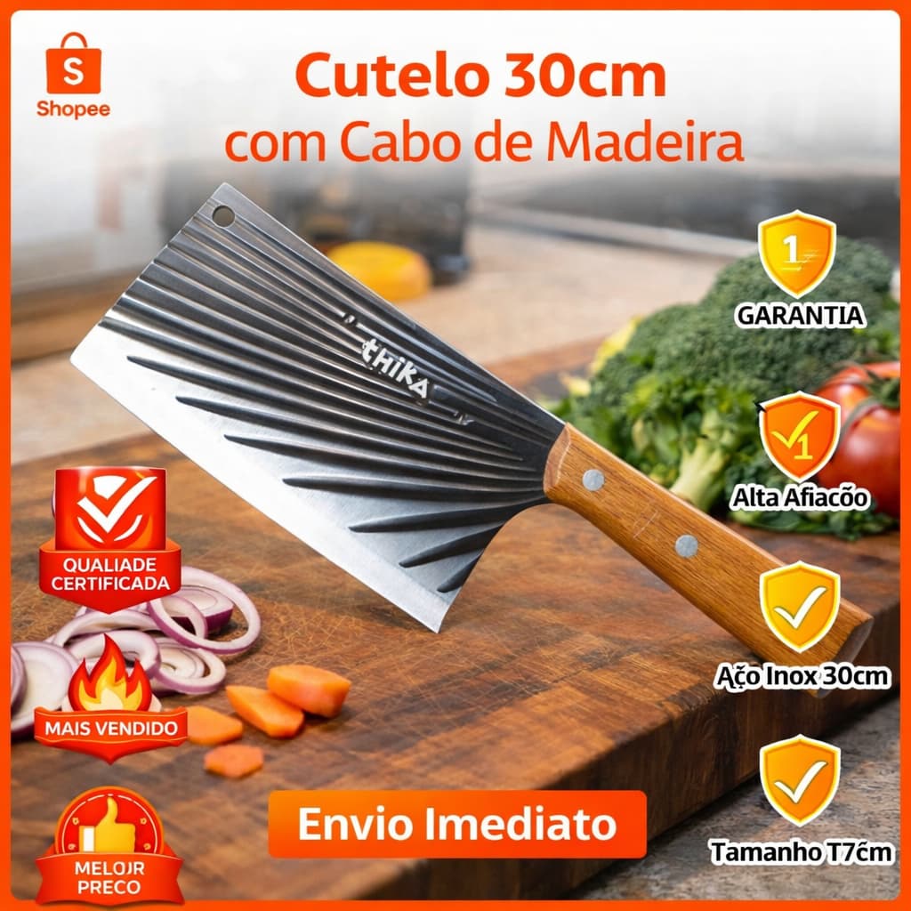 Cutelo Afiado Duravel Corte Facil Cozinha Churrasco Lâmina Faca Cabo Madeira 30cm