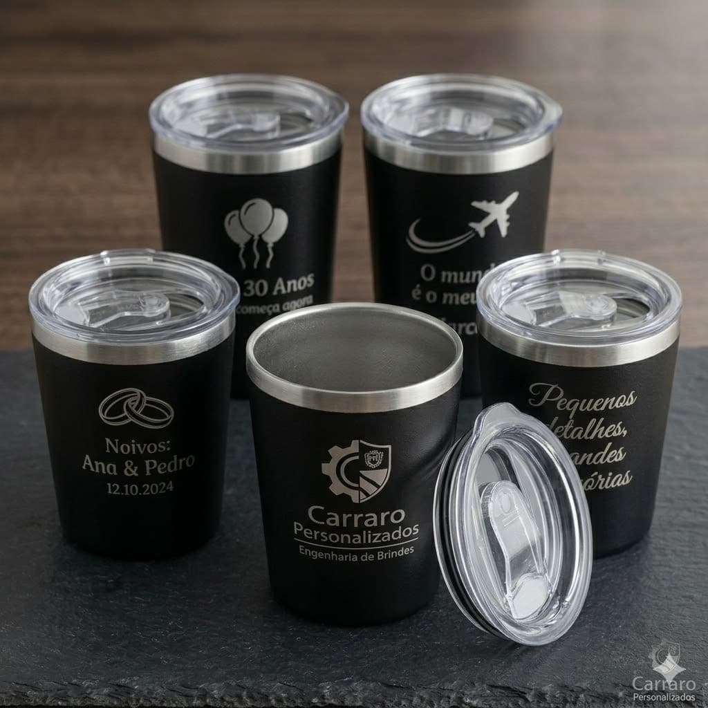 Kit 5 Copos Térmicos 260ml Com Tampa Personalizados - Grave um Nome ou Arte Diferente em Cada Copo