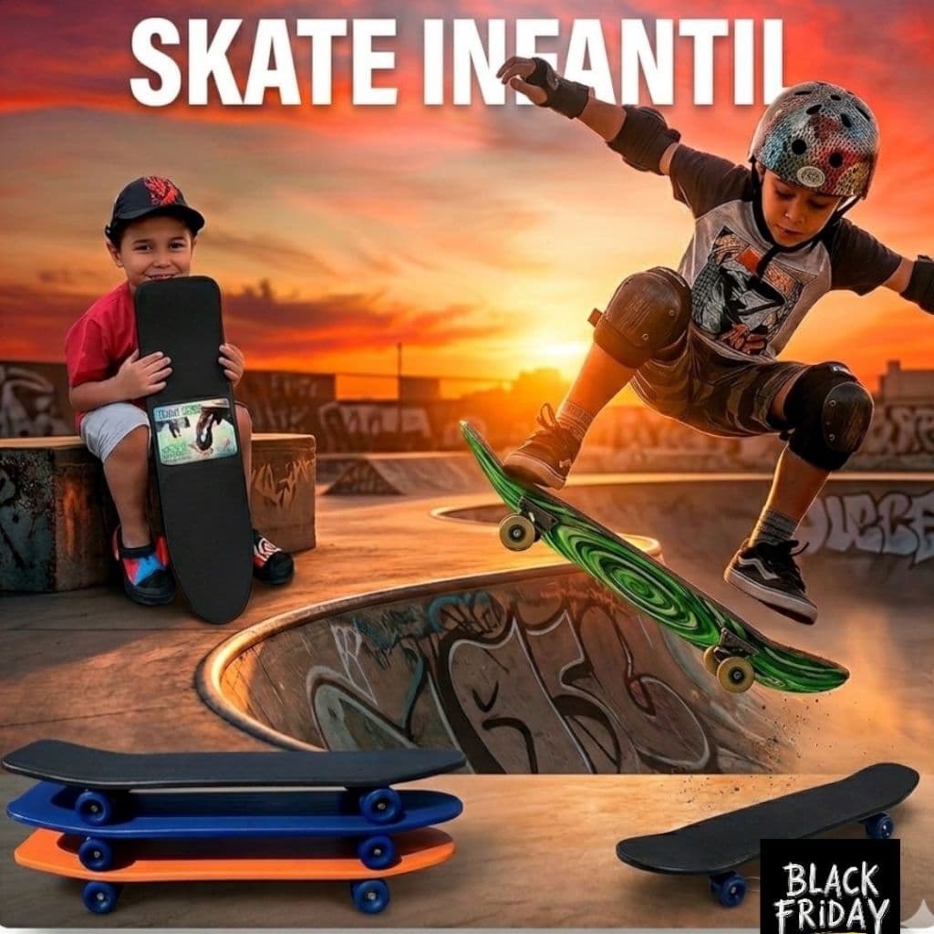 Skate 60cm Infantil Radical Antiderrapante de Plastico Preto Meninos e Menina 60CM