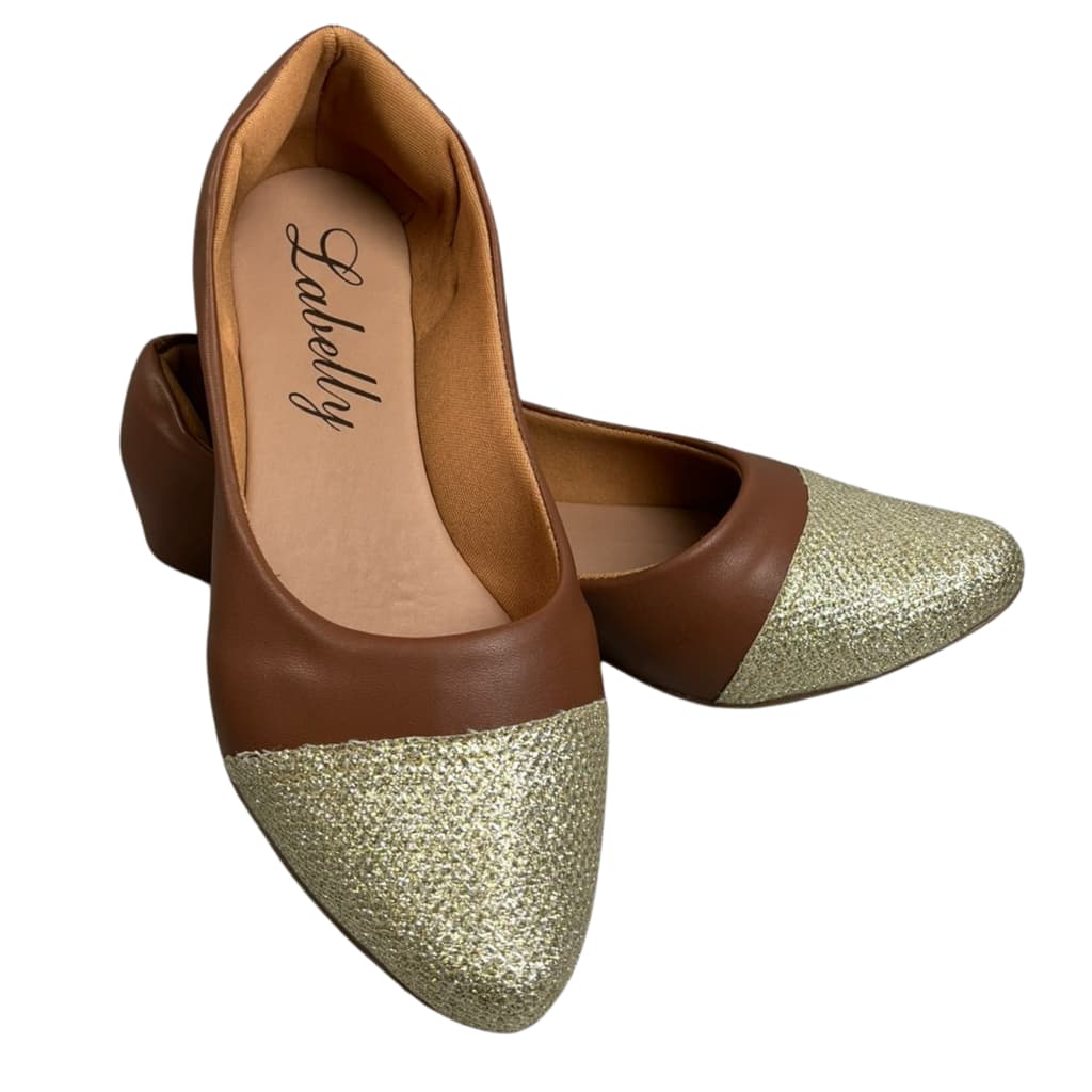 Sapatilha Bico Fino Feminina Glitter Dourado Confortável Elegante Dia a Dia