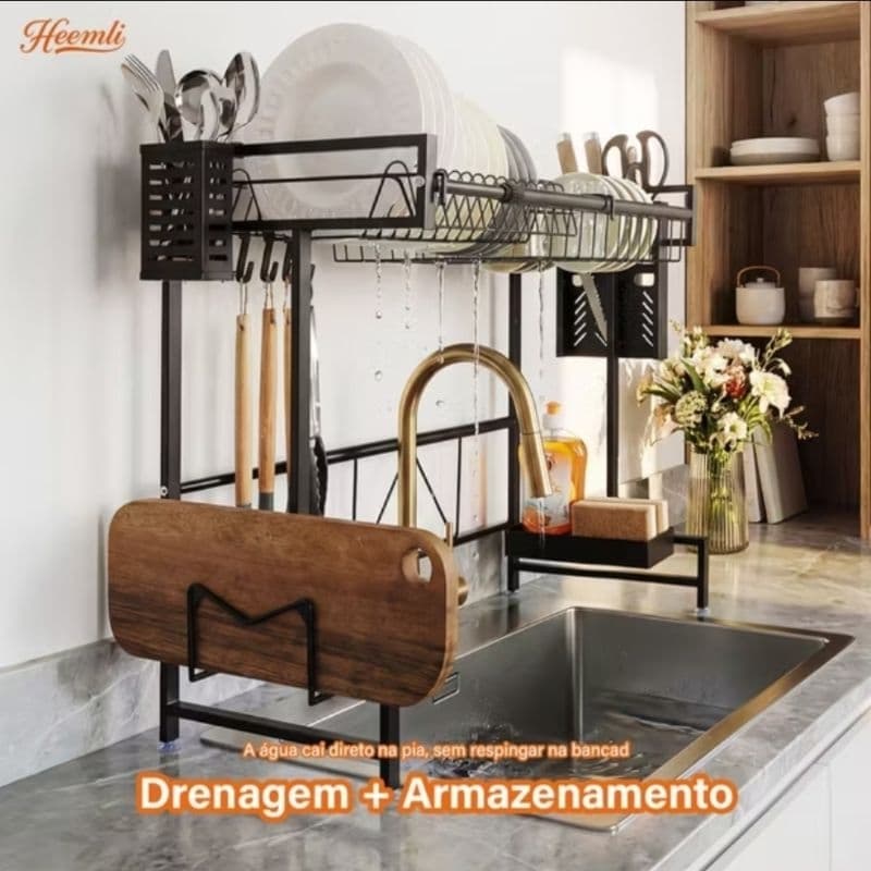 Escorredor de Louça Extensivo 62 a 100 cm Sobre Pia Aço Inoxidável Grande Pratos Copos Talheres Taboa