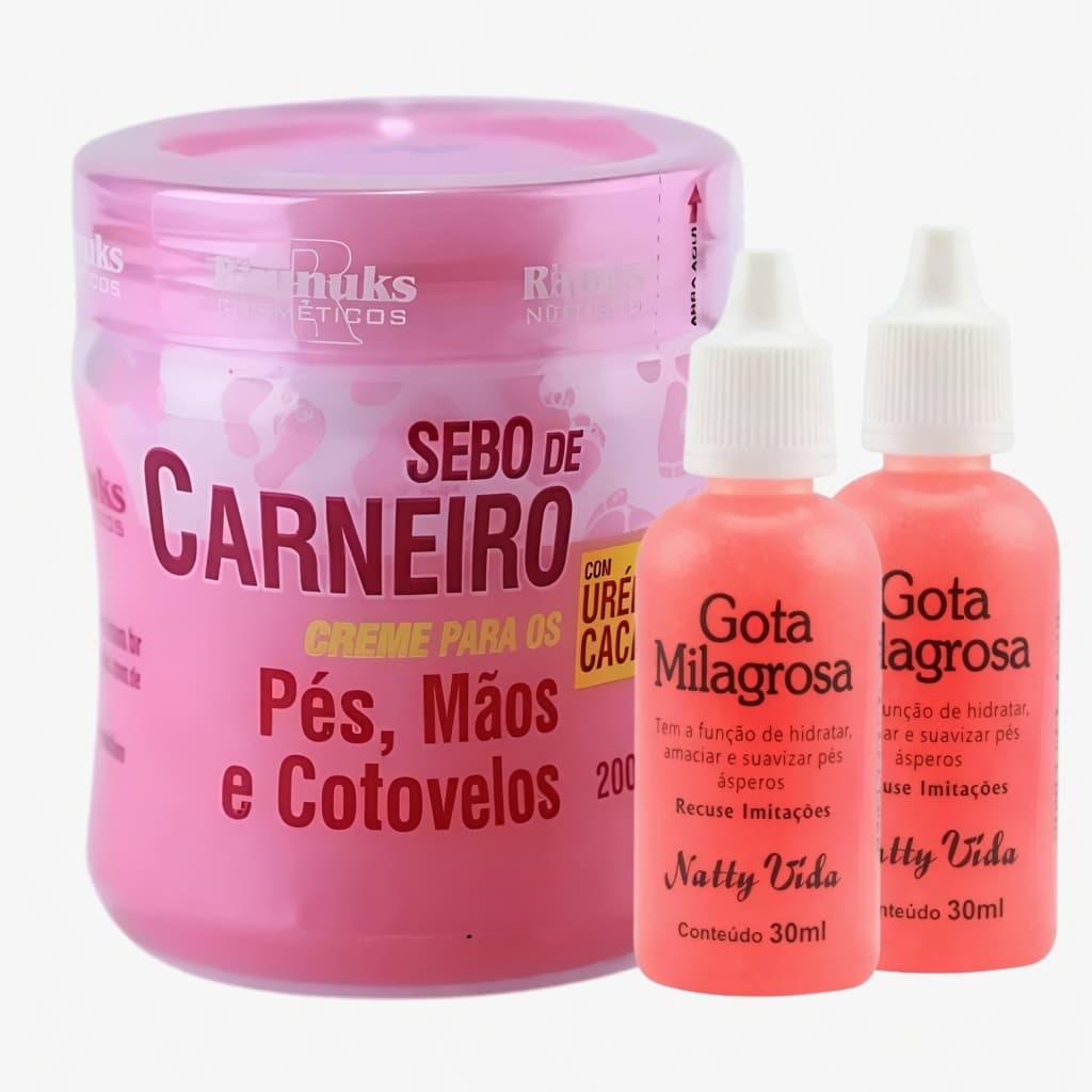 Kit Sebo de Carneiro + 2 Gota Milagrosa Original | Hidratação Profunda para Pés, Mãos e Cotovelos