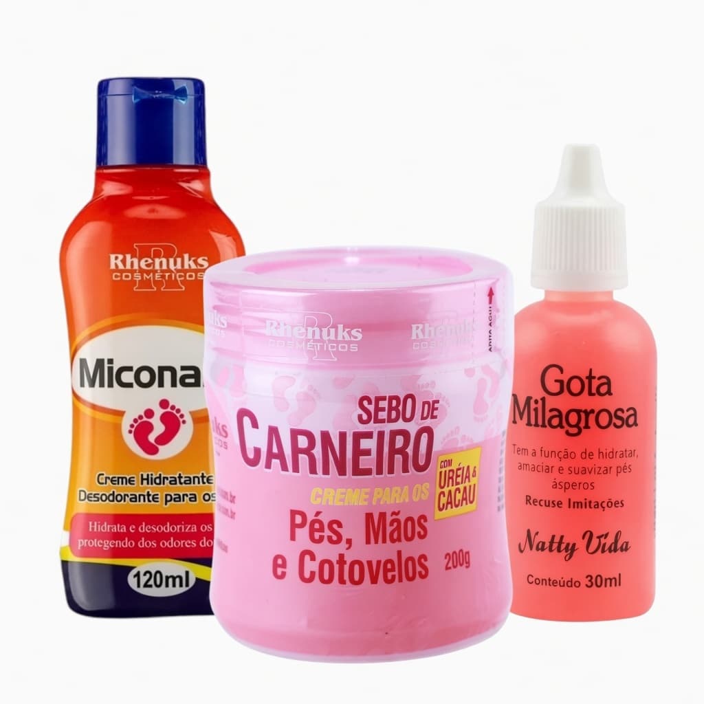 Kit Completo para os Pés Gota Milagrosa + Creme Miconaze + Sebo de Carneiro 200g - Super Hidratante