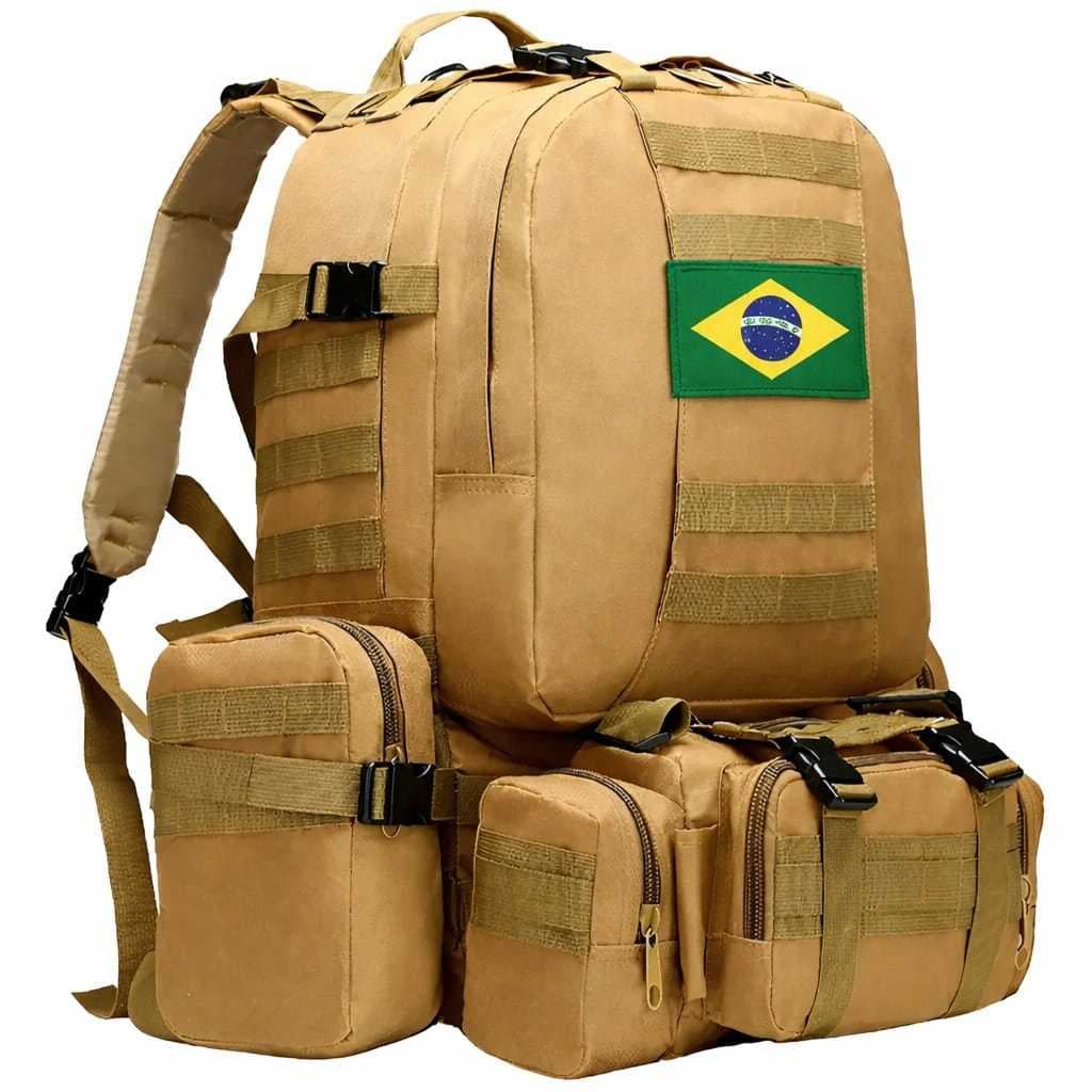 Mochila Tática Militar Camping Grande 60L Impermeável 4 Em 1 + Patch BR