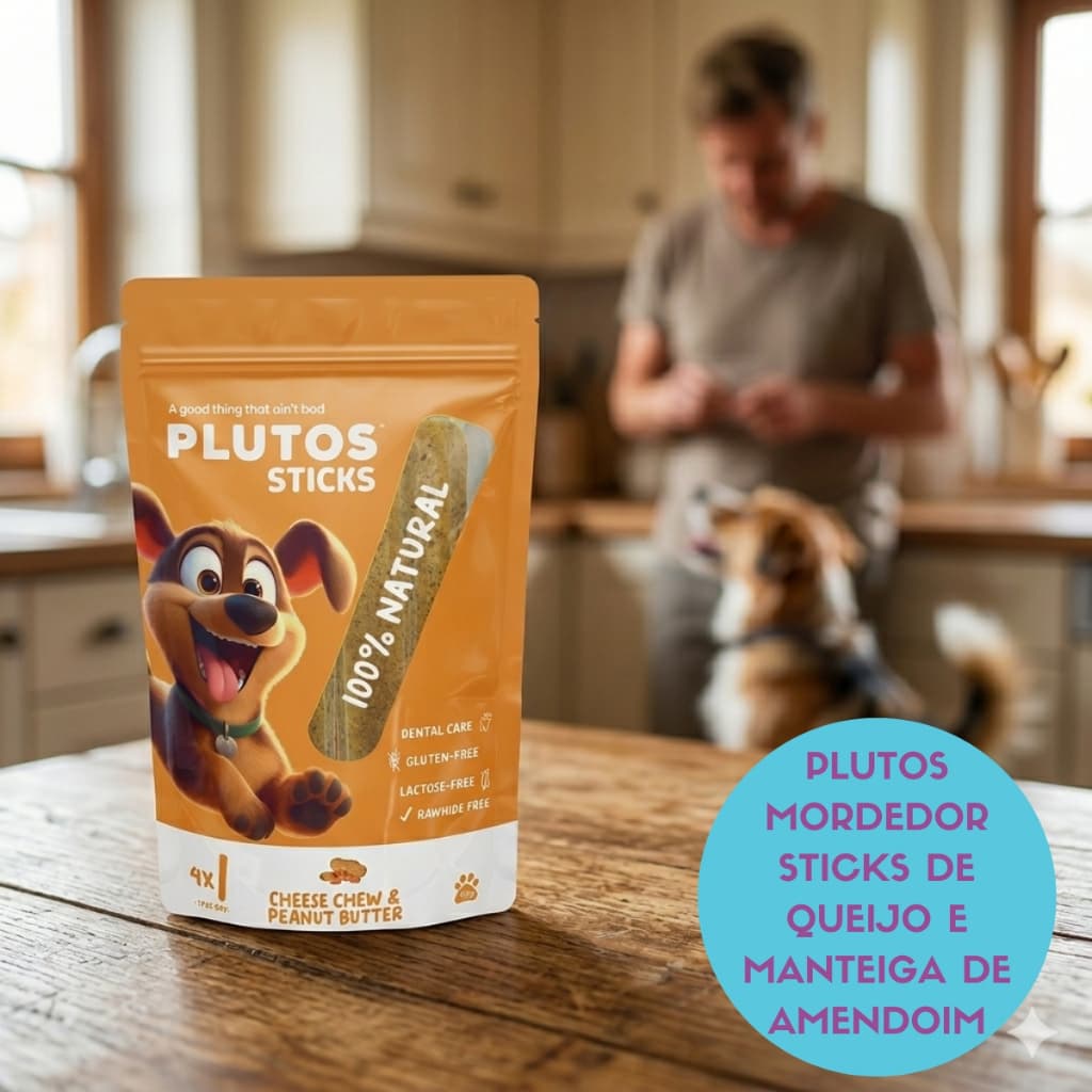 Petisco para Roer Natural Plutos Sticks Queijo e Manteiga de Amendoim 160g Saudável Higiene Bucal Anti-stress