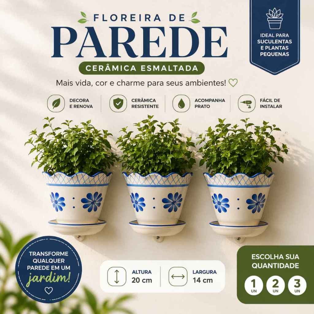 Floreira De Parede Cerâmica Esmaltada Com Prato | Vaso Decorativo Para Suculentas