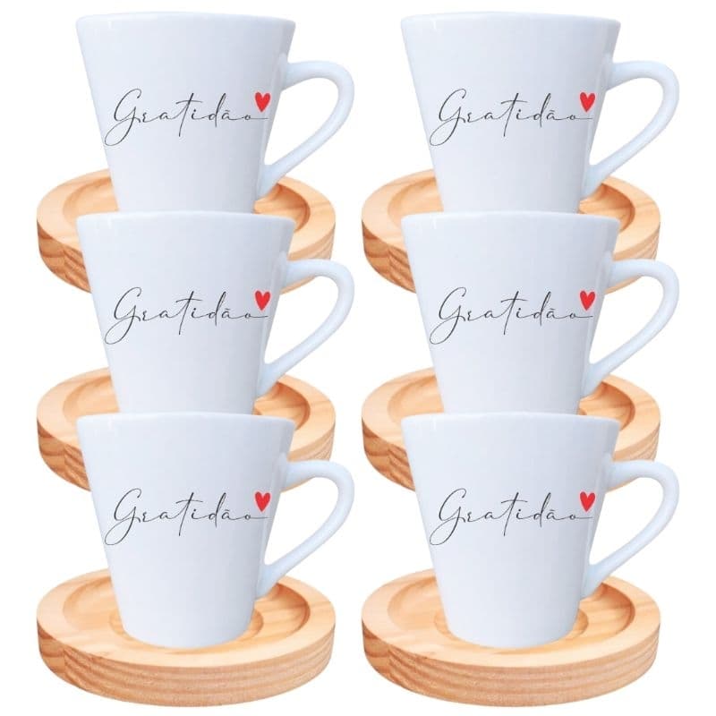 Jogo 6 Xicaras de Cafe com Pires Madeira Pinus 120 Ml Porcelana Tulipa Café Chá Fé Gratidão