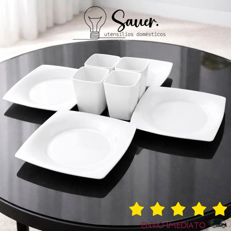 Kit Pratos Quadrados + Copos 400ml Plástico Resistente Mesa Posta Moderna Jogo de Jantar