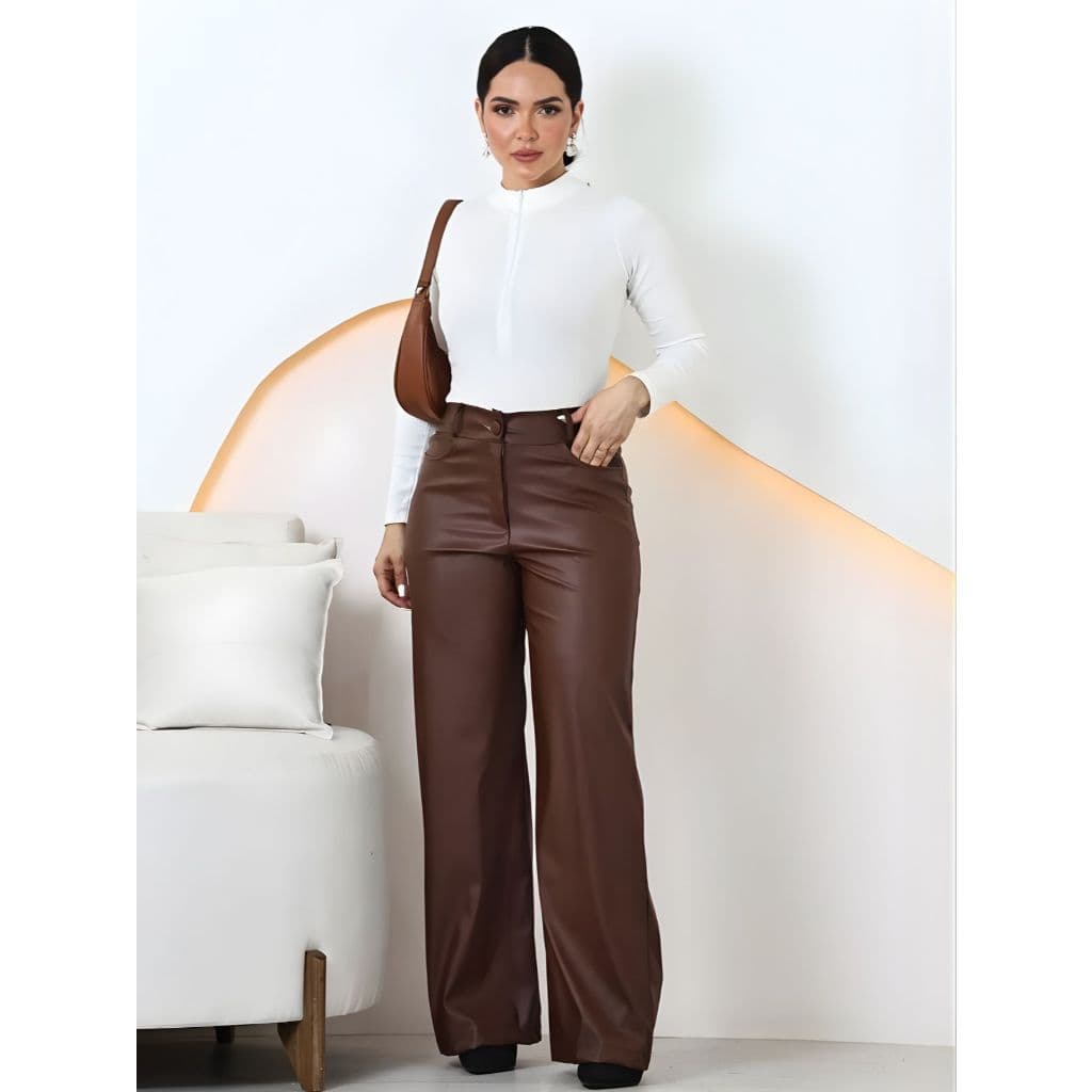 Calça Pantalona Couro Écologico Cintura Alta Wide Leg Feminina Coleção Inverno