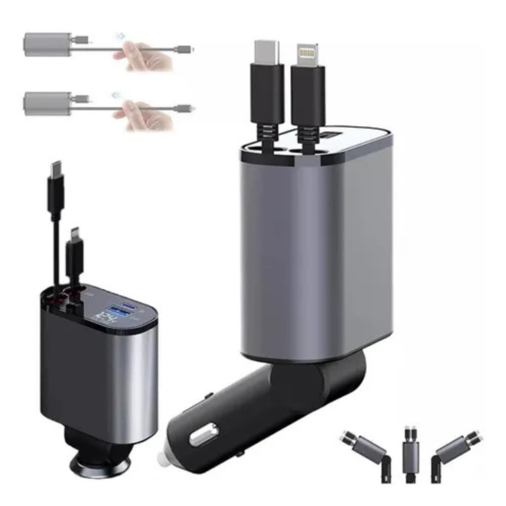 Carregador Veicular Turbo 66W Retrátil 🚗⚡ 4 em 1 USB-C PD iPhone Android Carga Rápida