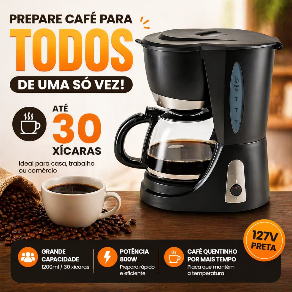 Cafeteira Elétrica 30 Xícaras 127V 800W Grande Capacidade Filtro Permanente Sistema Antigotejamento