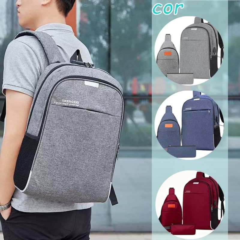 Conjunto 3 Peças: Mochila com USB + Crossbody + Estojo Design Confortável e Durável Masculino e Feminino