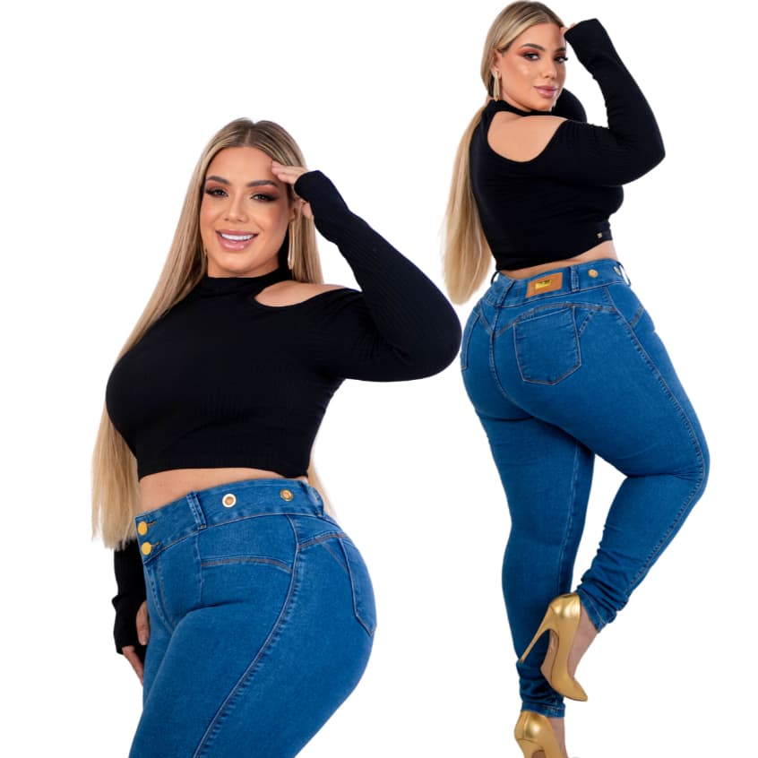 Calça Jeans Feminina Plus Size Skinny Modeladora Cintura Alta Com Botões Dourados Levanta Bumbum