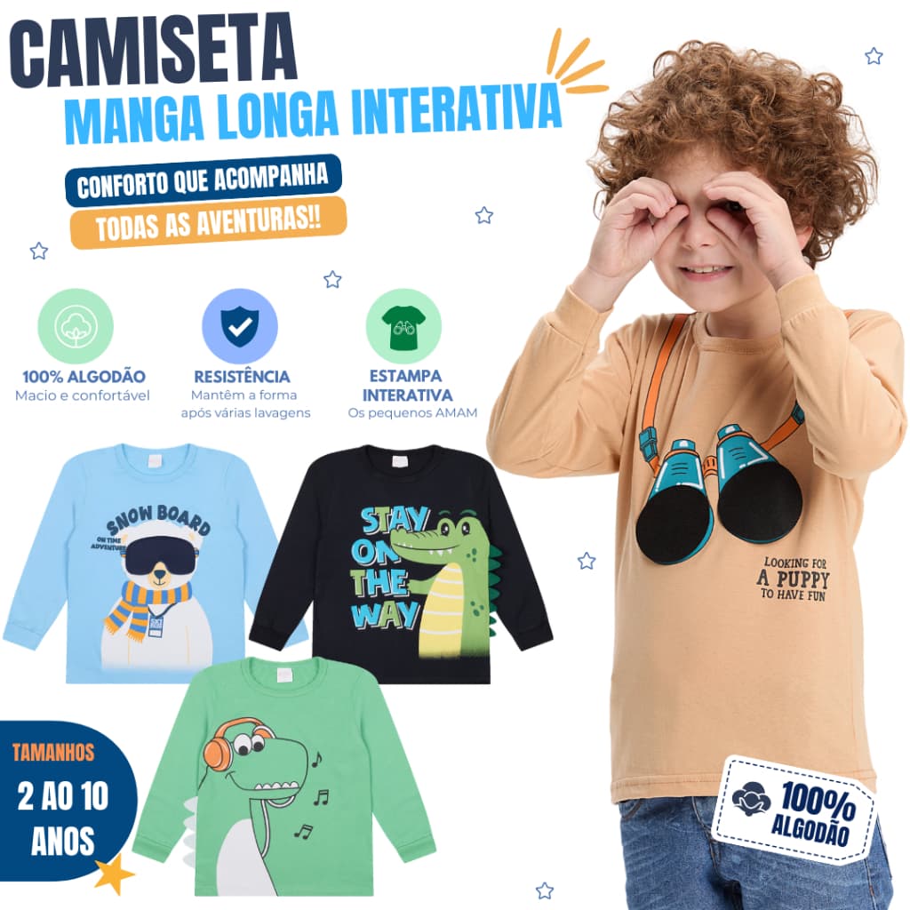 Kit 2 Camisetas Manga Longa Meia Malha Estampada com Interativo 2 ao 10 anos -  Algodão