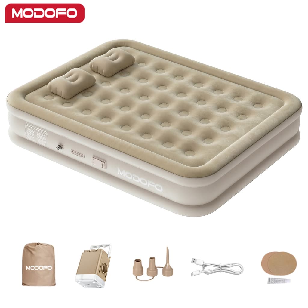 MODOFO Colchão Inflável Casal Queen 2 Pessoas Bege para Camping com Bomba Portátil -200 *150*40 cm