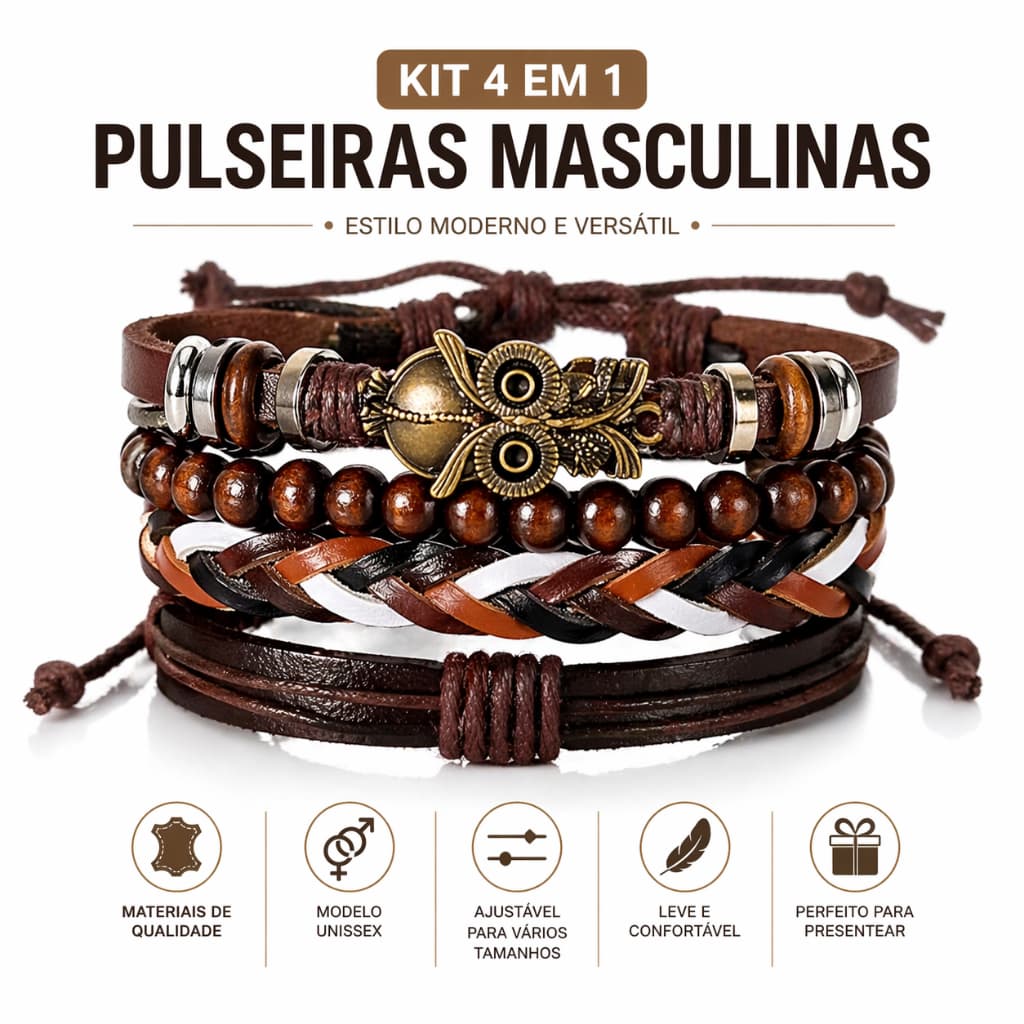 Pulseira Masculina Couro e Contas 4 em 1 Ajustável  Kit  Pulseiras Unissex Estilo Casual