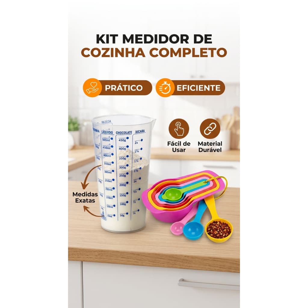 Kit Cozinha 6 Medidores Xícara Colher + 1 Copo Dosador 500ml