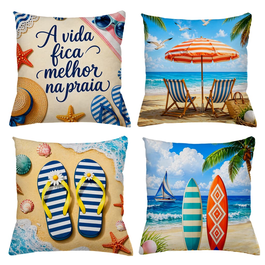 KIT 4 CAPAS DE ALMOFADAS  PRAIA MAR AREIA A VIDA É MELHOR NA PRAIA  TAMANHO 45X45