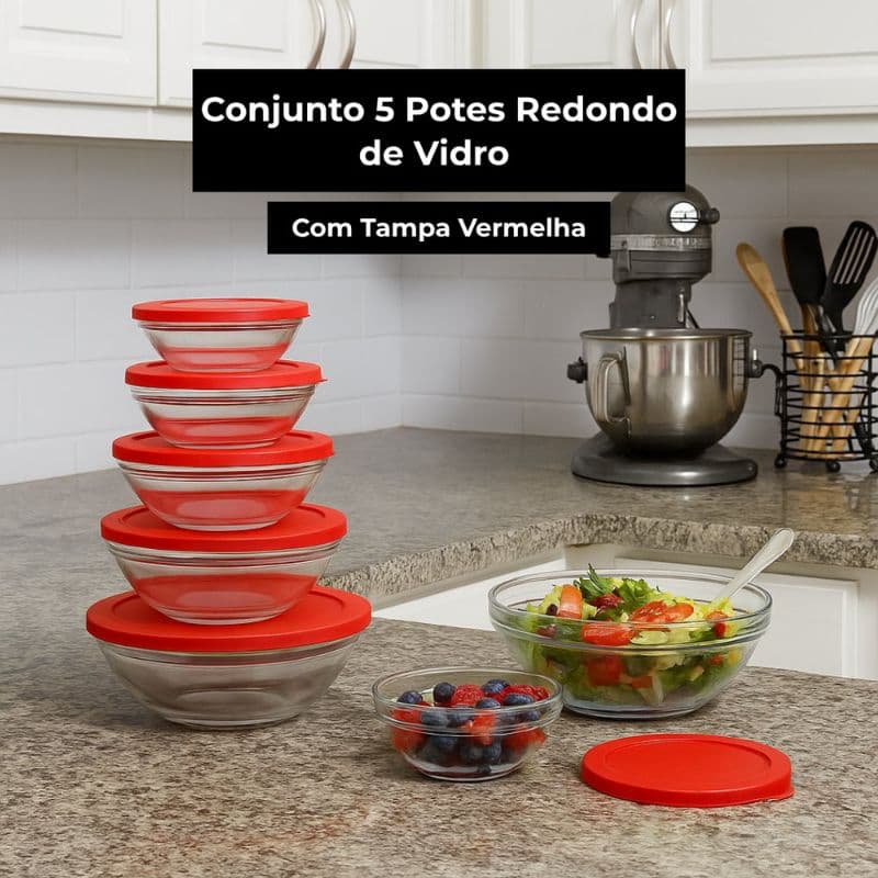 Kit 5 Potes Vidro Com Tampa Hermetica Armazenamento Organizador Cozinha