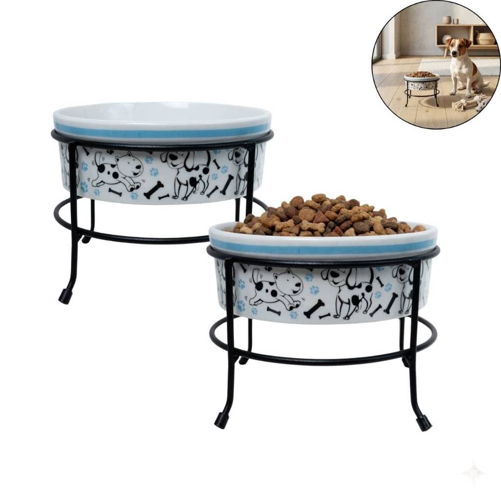 Comedouro Porcelana Caes E Gatos Suporte Elevado Para Pets 600ml Kit2