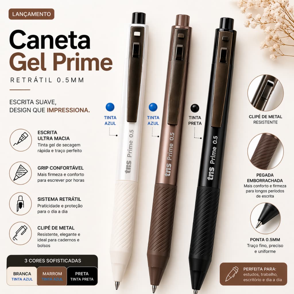 Caneta Gel Luxo Prime Tris Retrátil 0.5mm Premium Escrita Macia