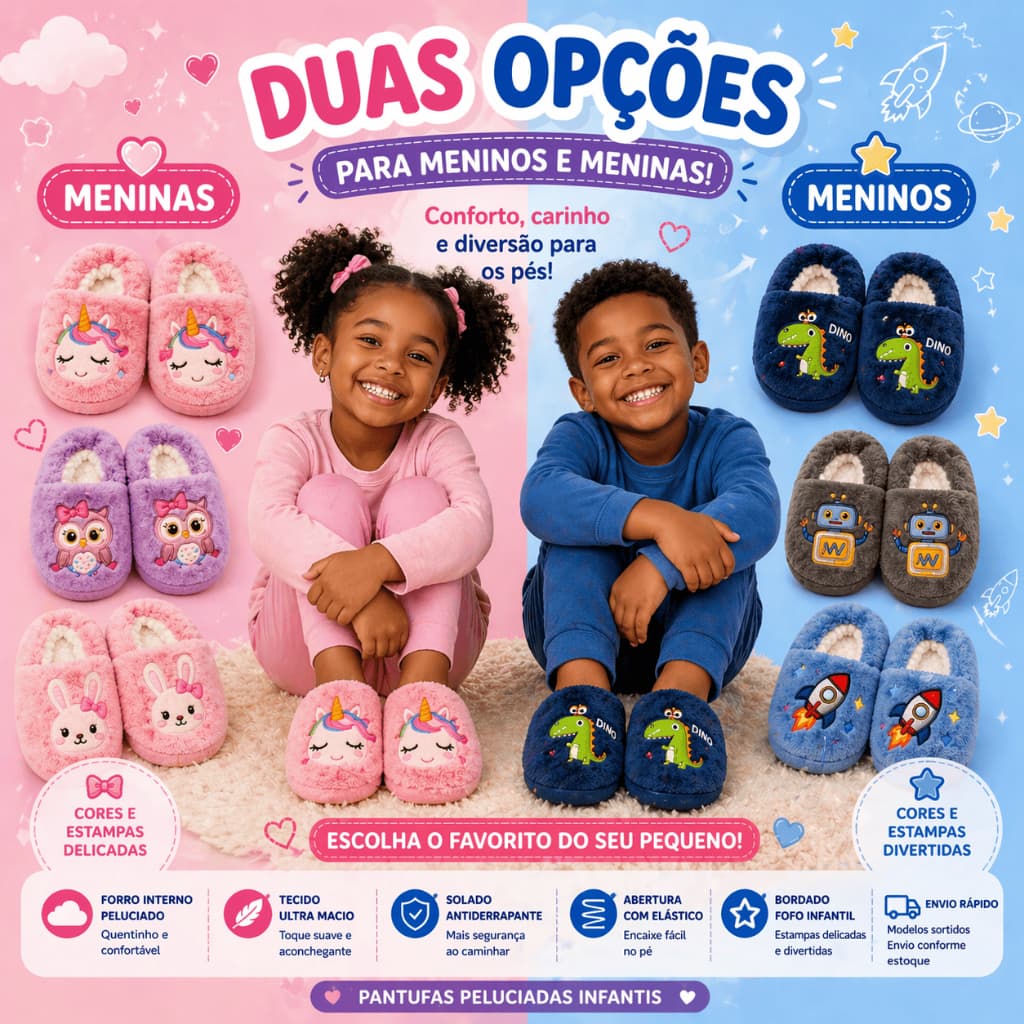 Pantufa Infantil Peluciada Quentinha Antiderrapante Menino Menina Inverno 24 ao 35