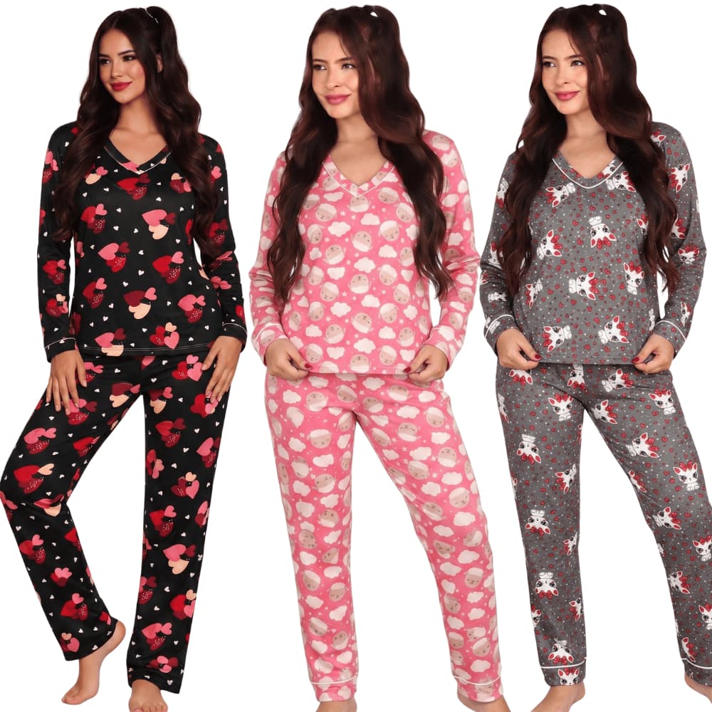 Pijama Feminino Longo Inverno Suede Quentinho Conjunto Manga Longa Macio Confortável