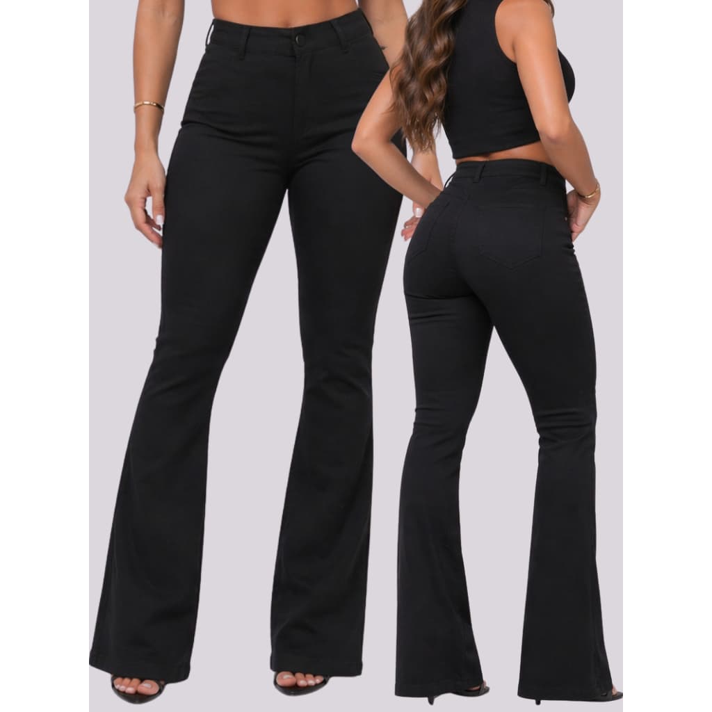 Calça Flare Feminina  Jeans Preta Modeladora Cintura Alta Empina Bumbum com Lycra Boca de Sino