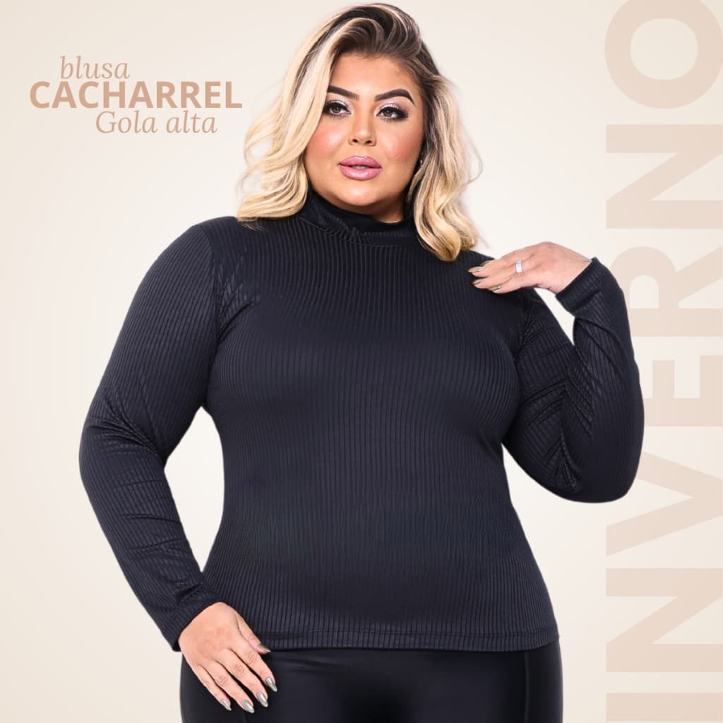 Blusa Plus Size Manga Longa  Segunda Pele Gola Alta Malha Canelada Toque Macio Até G4