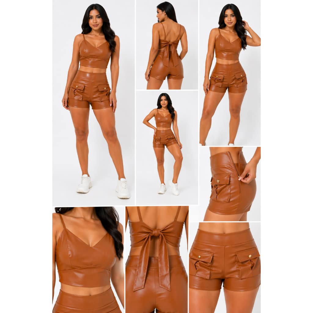 Conjunto Feminino Short Cargo Com Bolso y Botâo Metalico Cropped Com Alça Fina Tem Bojo e Amarração nas Costas Em Couro